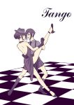  1boy 1girl black_gloves black_hair checkered checkered_floor dancing dress female_saniwa_(touken_ranbu) gloves hair_bun hat high_heels interlocked_fingers necktie open_mouth saniwa_(touken_ranbu) shorts smile suspenders touken_ranbu tsugumi_(uzurabird) violet_eyes yagen_toushirou 