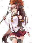  1girl brown_eyes brown_hair cherry_blossoms flower hachi_(hachiiicham) hair_flower hair_ornament kantai_collection long_hair oriental_umbrella ponytail solo umbrella yamato_(kantai_collection) 