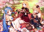  3girls :d back baguette black_legwear black_panties blonde_hair blue_eyes blue_hair blush bread breasts cleavage cup dress elbow_gloves flower food fruit garter_straps gloves grapes hair_ornament long_hair looking_at_viewer luthica_preventer multiple_girls navel open_mouth panties red_eyes rose_pacifica saucer see-through sitting smile sword_girls tea teacup teeth thigh-highs twintails underwear white_legwear wine_bottle yokozuwari yumaomi 