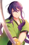  1boy ensemble_stars! holding holding_weapon japanese_clothes kanzaki_souma kimono long_hair looking_at_viewer male_focus ponytail purple_hair simple_background solo sword tubuan_oisii upper_body weapon white white_background 