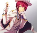  1boy ;) alternate_costume blue_rose cape card checkered ensemble_stars! flower gloves hat holding holding_card light_smile male_focus mi_(hixi816) one_eye_closed pink_hair redhead rose smile solo suou_tsukasa top_hat violet_eyes white_gloves 