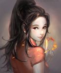  1girl artist_name brown_eyes brown_hair fire high_ponytail highres index_finger_raised long_hair looking_back original phong_anh ponytail realistic solo upper_body watermark 