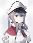  1girl blonde_hair blue_eyes breasts capelet commentary_request cross graf_zeppelin_(kantai_collection) hair_between_eyes hat jacket kantai_collection large_breasts looking_at_viewer necktie peaked_cap sidelocks solo twintails white_background yukichi_(eikichi) 