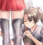  2girls assisted_exposure blush boots closed_eyes commentary_request green_hair grey_boots hair_between_eyes highres japanese_clothes kantai_collection kimono long_hair multiple_girls muneate neit_ni_sei panties panty_pull pleated_skirt pulled_by_another red_skirt short_hair short_sleeves short_twintails shoukaku_(kantai_collection) side-tie_panties simple_background skirt smile solo_focus standing sweatdrop thigh-highs thigh_boots twintails underwear white_background white_hair white_panties yuri zettai_ryouiki zuikaku_(kantai_collection) 