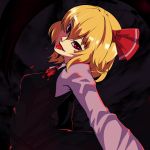  1girl blonde_hair blood hair_ribbon highres ketama_(mokoneko) red_eyes ribbon rumia shirt short_hair skirt smile solo tongue tongue_out touhou vest 