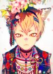  1boy akiakane animal_ears bangs blonde_hair blurry branch checkered cherry_blossoms choker closed_mouth cross_eyed depth_of_field diamond_(shape) eyebrows fang_out fangs flower gradient hair_ornament hairband highres japanese_clothes jewelry leaf male_focus marble necklace on_nose original petals plant rope shade simple_background solo spring_(season) string tassel upper_body white_background yellow_eyes 