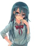  1girl blue_eyes blue_hair bow bowtie buttons collared_shirt counter_(734671289) dress_shirt finger_to_mouth glasses hair_ribbon hand_on_hip head_tilt highres long_hair long_sleeves looking_at_viewer parted_lips red_bow red_bowtie ribbon school_uniform semi-rimless_glasses shirt simple_background skirt sleeves_past_elbows solo under-rim_glasses uniform upper_body white_background yahari_ore_no_seishun_lovecome_wa_machigatteiru. yukinoshita_yukino 