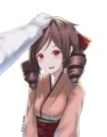  1girl blush brown_hair disco_brando drill_hair hand_on_another&#039;s_head harukaze_(kantai_collection) highres kantai_collection looking_at_viewer open_mouth petting pov pov_hands red_eyes smile solo_focus twin_drills 