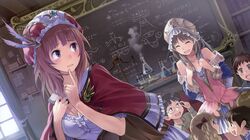  2girls absurdres atelier_(series) atelier_rorona atelier_totori black_ribbon breasts brown_hair cleavage closed_eyes collarbone glasses hair_ribbon highres index_finger_raised indoors kishida_mel long_hair multiple_girls ribbon rororina_fryxell tears totooria_helmold violet_eyes 