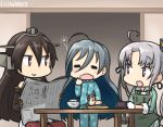  3girls ahoge akitsushima_(kantai_collection) apron black_hair breakfast commentary dated elbow_gloves gloves grey_hair hamu_koutarou hat headgear kantai_collection kiyoshimo_(kantai_collection) long_hair multiple_girls mutsu_(kantai_collection) mutsu_(snail) nagato_(kantai_collection) newspaper pajamas red_eyes rice_bowl side_ponytail table violet_eyes 