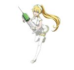  1girl blonde_hair green_eyes hat highres holding leafa long_hair looking_at_viewer nurse nurse_cap official_art open_mouth pointy_ears ponytail simple_background solo sword_art_online sword_art_online:_code_register thigh-highs white_background white_legwear 