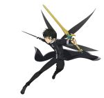 1boy black_clothes black_eyes black_hair dual_wielding highres holding holding_sword holding_weapon kirito kirito_(sao-alo) official_art pointy_ears short_hair simple_background solo sword sword_art_online sword_art_online:_code_register weapon white_background wings 