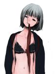  1girl black_bra bra clothes_in_mouth commentary_request grey_hair head_tilt holding_clothes in_mouth looking_at_viewer mii_(1994combo) navel open_clothes open_shirt original school_uniform serafuku shirt shirt_on_shoulders short_hair solo teeth thigh-highs underwear 