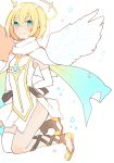  1girl aqua_eyes arms_behind_back blonde_hair elbow_gloves gloves halo karomura niel_(sennen_sensou_aigis) sennen_sensou_aigis short_hair single_thighhigh smile solo thigh-highs white_background white_wings wings 