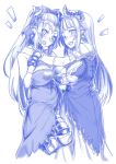  2girls aleeza_(granblue_fantasy) alicia_(granblue_fantasy) blue breasts cleavage dress earrings gloves granblue_fantasy headpiece horns jewelry large_breasts long_hair moku_(racie45bv) monochrome mother_and_daughter multiple_girls open_mouth pointy_ears simple_background under_boob white_background 