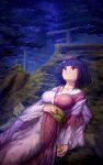  1girl black_hair breasts clouds cloudy_sky copyright_request floral_print ibuki_notsu japanese_clothes kimono large_breasts lying moss obi official_art on_back overgrown red_eyes rooftop ruins sash short_hair sky solo torii torn_clothes torn_kimono torn_sleeves 