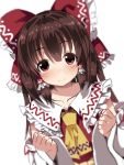  1girl ascot benjamin_button_suukina_jinsei blurry blush bow brown_hair clenched_hands collar collarbone cookie_(touhou) depth_of_field detached_sleeves dutch_angle eyebrows eyebrows_visible_through_hair frilled_bow frilled_collar frills hair_bow hair_tubes hakurei_reimu highres kanna_(cookie) long_hair long_sleeves looking_at_viewer red_bow red_eyes red_ribbon red_vest ribbon ribbon-trimmed_sleeves ribbon_trim sidelocks simple_background sleeveless smile solo tareme touhou upper_body white_background 