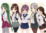  &gt;:o 5girls :o ^_^ ^o^ akebono_(kantai_collection) arashio_(kantai_collection) arm_warmers asymmetrical_hair ayanami_(kantai_collection) bangs bell bike_shorts blouse braid brown_eyes brown_hair brown_legwear closed_eyes flipped_hair flower gloves green_hair grey_eyes hair_bell hair_flower hair_ornament hair_ribbon hand_on_own_chin hands_on_hips hands_raised kantai_collection loafers long_hair mole mole_under_mouth multiple_girls neckerchief necktie nowaki_(kantai_collection) open_mouth pantyhose pleated_skirt purple_hair raised_hand ribbon samiharu school_uniform serafuku shirt shoes side_ponytail silver_hair skirt smile socks suspenders swept_bangs very_long_hair vest violet_eyes white_blouse white_gloves white_legwear white_shirt yuugumo_(kantai_collection) 