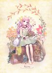  1girl anklet bare_legs barefoot barefoot_sandals blush cat crate dress feet flower jewelry long_hair megumu original pink_hair plant sitting solo toe_ring wheel 