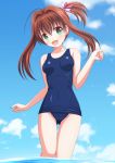  1girl ass_visible_through_thighs brown_hair green_eyes jewelpet_(series) jewelpet_twinkle kk-sk-ray long_hair one_side_up open_mouth sakura_akari school_swimsuit side_ponytail solo swimsuit water 