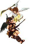  2boys angel_wings black_hair blue_eyes bow_(weapon) brown_hair circlet dark_pit eichi_(wild_chicken) holding holding_weapon kid_icarus kid_icarus_uprising large_wings laurel_crown male_focus multiple_boys pit_(kid_icarus) red_eyes sandals toga weapon wings 