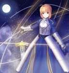  1girl ahoge armor armored_dress blonde_hair blue_eyes excalibur fate/stay_night fate_(series) gauntlets glowing highres holding holding_weapon light_particles looking_at_viewer moon night saber smile solo standing sword type-moon unscpro weapon 