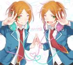  2boys ;) aoi_hinata aoi_yuuta brothers ensemble_stars! fang green_eyes hands_together headphones heart highres jacket looking_at_viewer male_focus multiple_boys necktie one_eye_closed open_clothes open_jacket orange_hair red_necktie school_uniform siblings smile twins yakusuke 