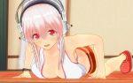  1girl 3d bare_shoulders blush breasts cleavage exercise headphones highres large_breasts long_hair looking_at_viewer navel nitroplus open_mouth pink_hair push-ups red_eyes smile solo super_sonico uld_macaron 