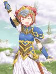  1girl :d ^_^ akaza_akari arm_up armor closed_eyes commentary_request cosplay lenneth_valkyrie lenneth_valkyrie_(cosplay) open_mouth outdoors redhead sheath sheathed shikou_sakugo_(qqap9gt9k) smile solo sword valkyrie_profile weapon yuru_yuri 