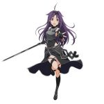  1girl ahoge black_gloves black_legwear black_ribbon breastplate covered_navel fingerless_gloves gloves hair_ribbon highres holding holding_sword holding_weapon long_hair looking_at_viewer official_art open_mouth purple_hair red_eyes ribbon simple_background smile solo sword sword_art_online sword_art_online:_code_register weapon white_background yuuki_(sao) 