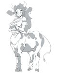  1girl blush breasts centaur cleavage earrings full_body greyscale highres horns jewelry long_hair malon monochrome monster_girl simple_background sketch slugbox smile solo the_legend_of_zelda the_legend_of_zelda:_ocarina_of_time white_background 
