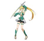  1girl armpits blonde_hair breasts cleavage gloves greaves green_eyes highres holding holding_sword holding_weapon leafa long_hair official_art open_mouth ponytail sandals simple_background solo sword sword_art_online sword_art_online:_code_register weapon white_background white_gloves 