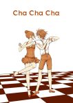  1boy 1girl checkered checkered_floor dancing dress english female_saniwa_(touken_ranbu) gotou_toushirou hair_bun high_heels multicolored_hair orange_hair saniwa_(touken_ranbu) shorts streaked_hair suspenders touken_ranbu tsugumi_(uzurabird) 