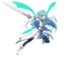  1girl asuna_(sao) asuna_(sao-alo) blue_eyes blue_hair blue_legwear highres holding holding_sword holding_weapon long_hair official_art open_mouth pointy_ears simple_background solo sword sword_art_online sword_art_online:_code_register thigh-highs weapon white_background wings 