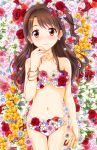  1girl bikini blush bracelet brown_eyes brown_hair field flower flower_field hair_flower hair_ornament highres hiro9779 idolmaster idolmaster_cinderella_girls jewelry long_hair looking_at_viewer midriff navel one_side_up shimamura_uzuki solo swimsuit 