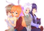  4girls ahoge alternate_hairstyle animal_ears blue_eyes blue_hair breasts brown_eyes brown_hair cat_ears charlotte_e_yeager cosplay costume_switch crossover dog_days frown holo koshimizu_ami large_breasts leonmitchelli_galette_des_rois long_hair multiple_crossover multiple_girls murasaki_imo navel noihara_himari omamori_himari orange_hair ponytail rabbit_ears red_eyes seiyuu_connection small_breasts smile spice_and_wolf strike_witches tail violet_eyes white_hair wolf_ears wolf_tail 
