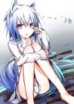  1girl :o alternate_costume animal_ears crying crying_with_eyes_open ichiyan inubashiri_momiji knees_on_chest knees_together_feet_apart long_sleeves looking_at_viewer red_eyes shirt short_hair silver_hair sitting solo tail tears touhou white_shirt wiping_tears wolf_ears wolf_tail 