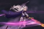  1girl armor athenawyrm cape dark_background fire_emblem fire_emblem_if glowing glowing_weapon grey_hair hairband looking_at_viewer my_unit_(fire_emblem_if) nintendo open_mouth pointy_ears red_eyes solo sword weapon 