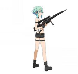  1girl ass bipod black_shorts blue_eyes blue_hair collar gun hair_ornament highres holding holding_gun holding_weapon looking_at_viewer looking_back official_art rifle scope shinon_(sao) short_hair short_shorts shorts simple_background sniper_rifle solo sword_art_online sword_art_online:_code_register weapon white_background 