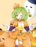  1girl ;d braid breasts candy choker cleavage crown_braid flower_knight_girl food_themed_clothes food_themed_hair_ornament ghost green_hair hair_ornament looking_at_viewer nimu_(aruka7x21) one_eye_closed open_mouth orange_skirt pepo_(flower_knight_girl) pumpkin_hair_ornament red_eyes short_hair skirt smile solo squash yellow_background 