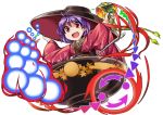  1girl bowl danmaku fun_bo japanese_clothes kimono long_sleeves looking_at_viewer mallet needle obi open_mouth outstretched_arms purple_hair red_eyes sash short_hair simple_background smile solo sukuna_shinmyoumaru touhou white_background wide_sleeves 