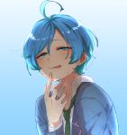 1boy :d aqua_hair blue_background blue_hair chiyo_(tktydot-com) ensemble_stars! finger_to_mouth green_eyes green_necktie highres licking_lips looking_at_viewer male_focus necktie open_mouth shinkai_kanata smile solo tongue tongue_out upper_body wet wet_clothes wet_hair 