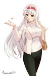  1girl bag belt casual cherry_blossoms commentary_request hairband handbag jacket jewelry kantai_collection long_hair necklace pants pendant rens_(pixiv) ring shirt shoukaku_(kantai_collection) solo 