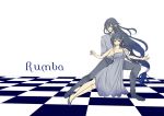  1boy 1girl bare_shoulders black_hair checkered checkered_floor closed_eyes dancing dress english female_saniwa_(touken_ranbu) grey_eyes juzumaru_tsunetsugu limited_palette long_hair low-tied_long_hair saniwa_(touken_ranbu) touken_ranbu tsugumi_(uzurabird) 