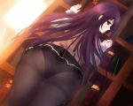  1girl ass fate/grand_order fate_(series) highres long_hair looking_back panties panties_under_pantyhose pantyhose purple_hair red_eyes scathach_(fate/grand_order) solo type-moon underwear wormleft 