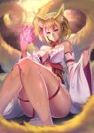  1girl aguy animal_ears bangs bare_shoulders between_breasts between_legs blonde_hair blurry breasts collar depth_of_field detached_sleeves fingernails fox_ears fox_tail from_below glowing hair_between_eyes large_breasts long_fingernails long_sleeves looking_at_viewer multiple_tails obi original red_ribbon ribbon ribbon-trimmed_clothes ribbon_trim sash shade short_hair sitting smile solo strapless tail thigh_strap wide_sleeves 