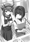  2girls 3: apron cooking cutting_board food greyscale headgear highres hyuuga_(kantai_collection) ishii_hisao kantai_collection mechanical_pencil monochrome multiple_girls mutsu_(kantai_collection) notepad page_number pencil short_hair taking_notes teaching writing 