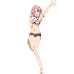  1girl arm_up armpits barefoot bikini_top breasts cleavage cutoffs front-tie_top highres lisbeth lisbeth_(sao-alo) looking_at_viewer navel official_art open_mouth pink_eyes pink_hair pointy_ears short_hair short_shorts shorts simple_background solo striped_bikini_top sword_art_online sword_art_online:_code_register thigh_gap white_background 