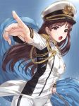  1girl brown_eyes brown_hair earrings hat idolmaster idolmaster_cinderella_girls idolmaster_cinderella_girls_starlight_stage jewelry kfr long_hair military military_uniform naval_uniform nitta_minami outstretched_hand peaked_cap pointing solo uniform 