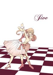  1boy 1girl blonde_hair blue_eyes brown_hair checkered checkered_floor closed_eyes dancing dress english female_saniwa_(touken_ranbu) gloves high_heels midare_toushirou necktie open_mouth ponytail saniwa_(touken_ranbu) smile touken_ranbu tsugumi_(uzurabird) white_gloves 